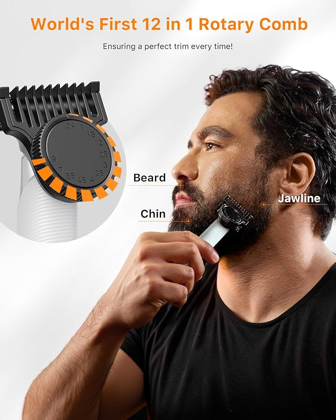 New Electric Beard &amp Nose Hair Trimmer Kit - Painless Razor with 12 in 1 Rotating Comb Magnetic Nose Hair Head Waterproof Wet/Dry Groin/Ball Shaver for Men USB-C Fast ChargingWhite(Pack)