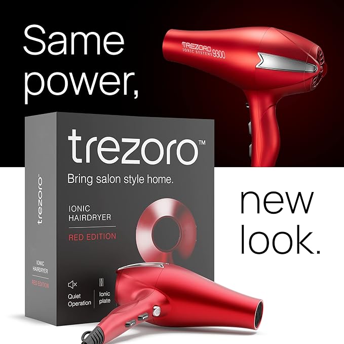 TREZORO Professional Hair Dryer Ionic Ceramic Tourmaline Technology 2000W Fast Quiet Drying with Narrow &amp Wide Concentrator Nozzles 3 Heat &amp 2 Speed Settings Cool Shot Button Red