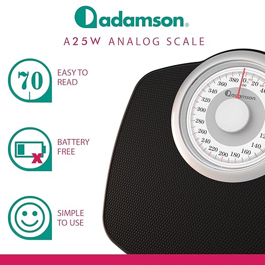 Adamson A25W Scales for Body Weight - Up to 400 LB - 5.3 Dial on 12.4 x 10.2 Platform - Anti-Skid Rubber Surface - High Precision Bathroom Scale Analog - Durable with 20-Year Assurance - White