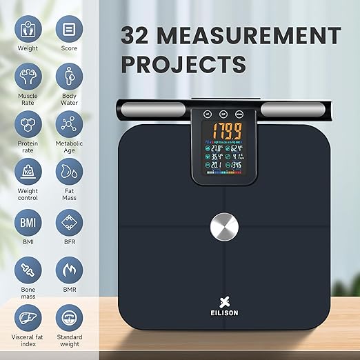 EILISON Smart Scale for Body Weight: 8-Electrode Precision Digital Bathroom Scale for Fat BMI 32 Muscle Body Composition Analyzer Highly Accurate Weighing Machine 400lbs (8 Electrode Grey Handle)