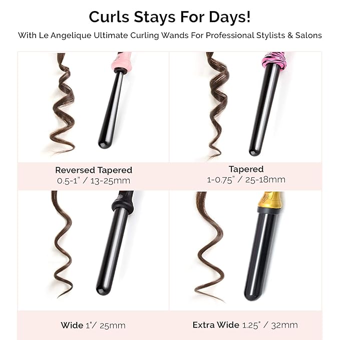 Le Angelique 1 Inch Ceramic Curling Wand for Beach Waves Short &amp Long Curls - 25mm Professional Clipless Curler Iron with Glove and 2 Clips | 450F Instant Heat | Dual Voltage - Pink