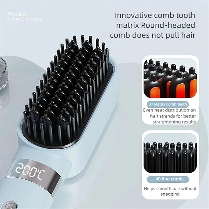New Wireless Hair Straightener with LCD Display - 140-200°C 3 Temperature Settings Type-C Straightening Comb for Effortless Styling