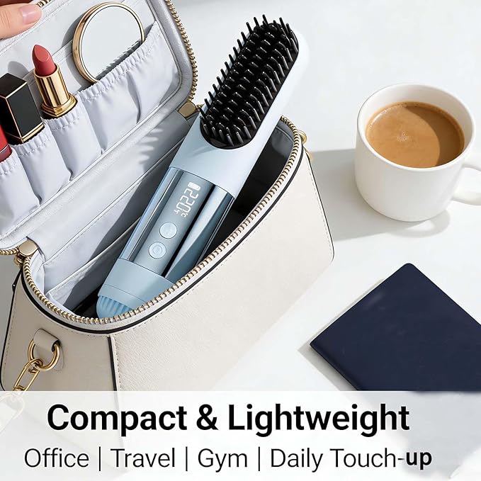 2026 Short Hair Styling ToolsCordless Styling Brush for Short HairUSB Rechargeable Portable Wireless Hair Straightening Brush3 Heat Settings &amp Led Screen for Travel (Beige)