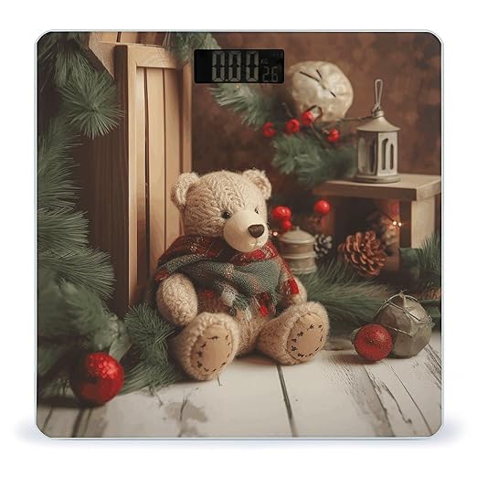 Xmas Tree Branch Bear Doll Scale for Body Weight Anti-Slip Tempered Glass Digital Bathroom Scales Clear LCD Display Weighing Scale Safe Rounded Corners Smart Scales