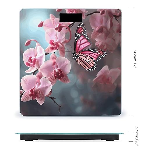 Orchid Flower Butterfly Soft Fresh Spring Bathroom Scale Large LCD Backlight Display Digital Scale Rounded Corners Body Scales Automatic Power On/Off Bathroom Scales for Home Bedrooms