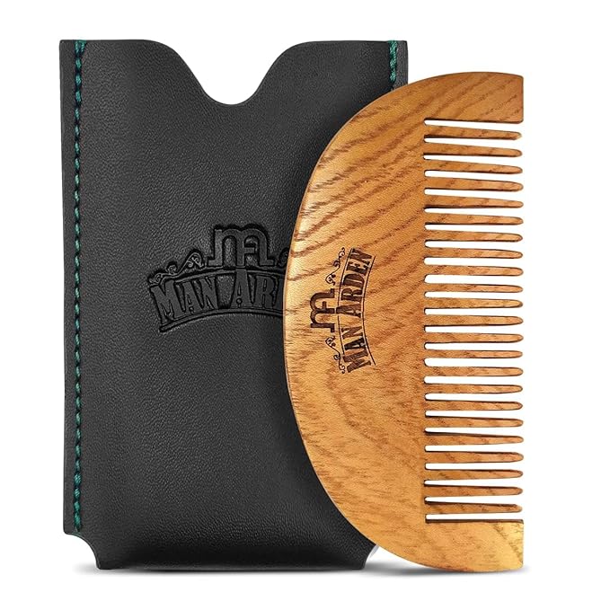 Man.Arden Neem Wooden Pocket Size Beard Comb with Premium Faux Leather Pouch