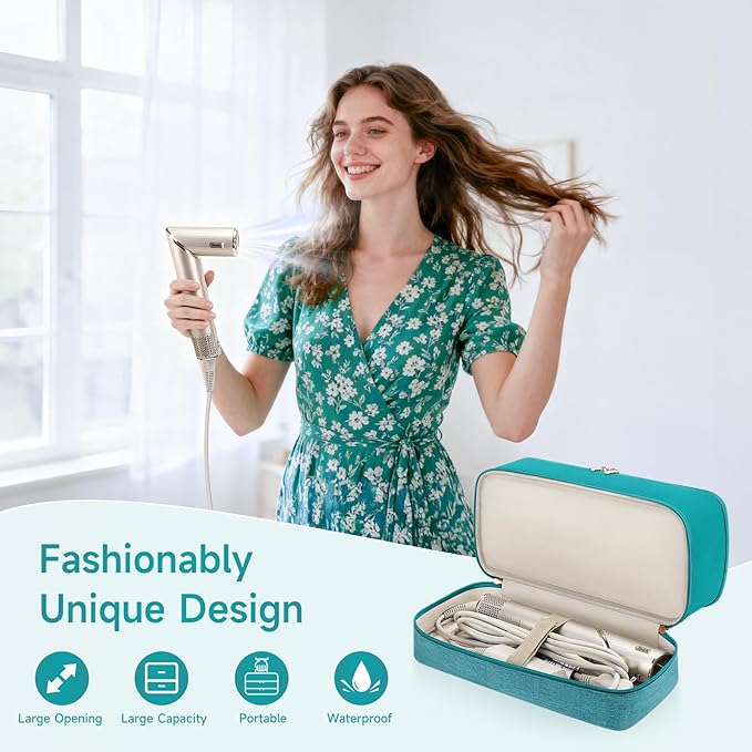 Travel Hair Dryer Case for Shark Flexstyle Double-Layer Carrying Case for Shark Flex Style Blow Dryer Portable Hair Tools Storage Organizer Bag for Shark Beauty Hairdryer Attchments (Teal Green)