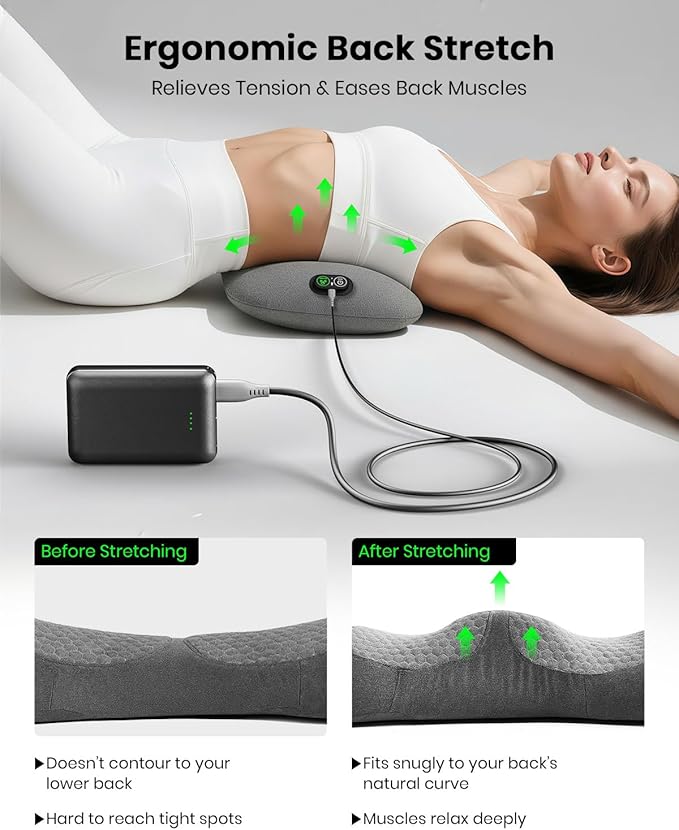 Upgraded 3-in-1 Portable Lumbar Pillow for Back Relief Smooth Spine Triple Fusion Back Massager with Stretch Vibration &amp Heat Includes 5000mAh Power Bank for Deep Relaxation on Bed Sofa &amp