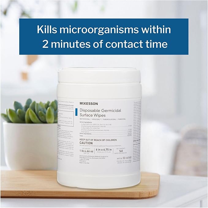 McKesson Germicidal Wipes [480 Count] Disinfecting Wipes Alcohol Cleaning Disinfectant Wipes Hospital Grade Multi-Surface Wipes 160 Wipes 3 Pack