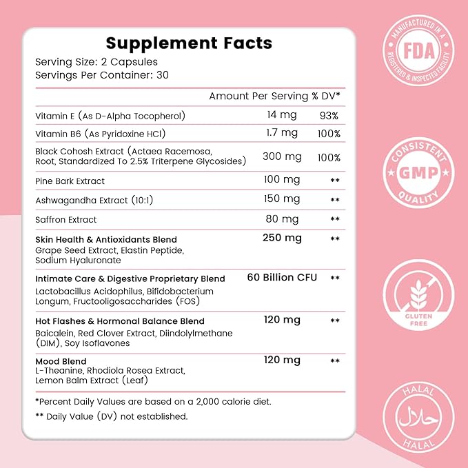 Menopause Supplement for Women : Hormone-Free Probiotic with Black Cohosh &amp Ashwagandha Support for Hot Flashes Mood Balance &amp Skin Health 60 Capsules