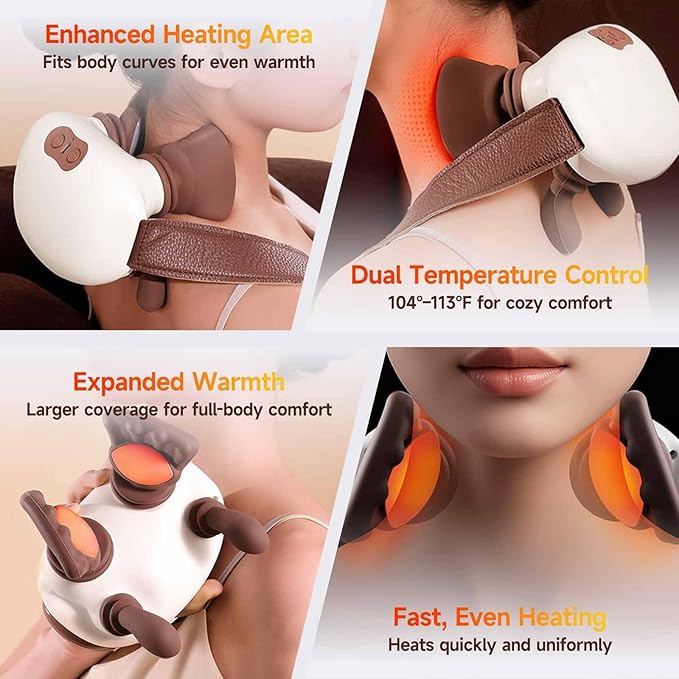 Neck and Shoulder Massager with Heat Palm-Style Kneading 3 Speeds Ergonomic Hands-Free Design Portable Massage Device for Home Office Travel