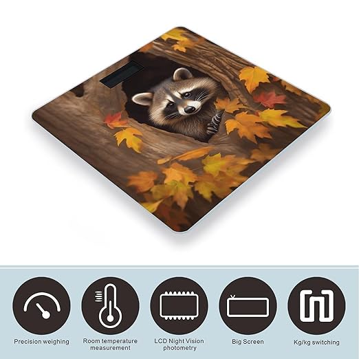 Raccoon in The Fall Tree Hole Bathroom Scale Large LCD Backlight Display Digital Scale Rounded Corners Body Scales Automatic Power On/Off Bathroom Scales for Home Bedrooms