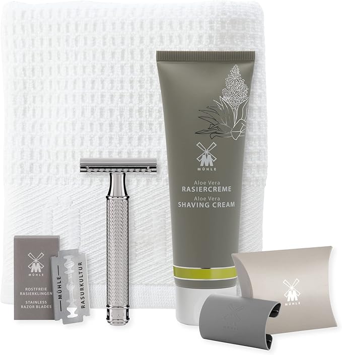 MÜHLE R 89 Shaving Set 5 Pieces - Safety Razor with Closed Comb Chrome-Plated Metal Blade Cream Cloth - Silver