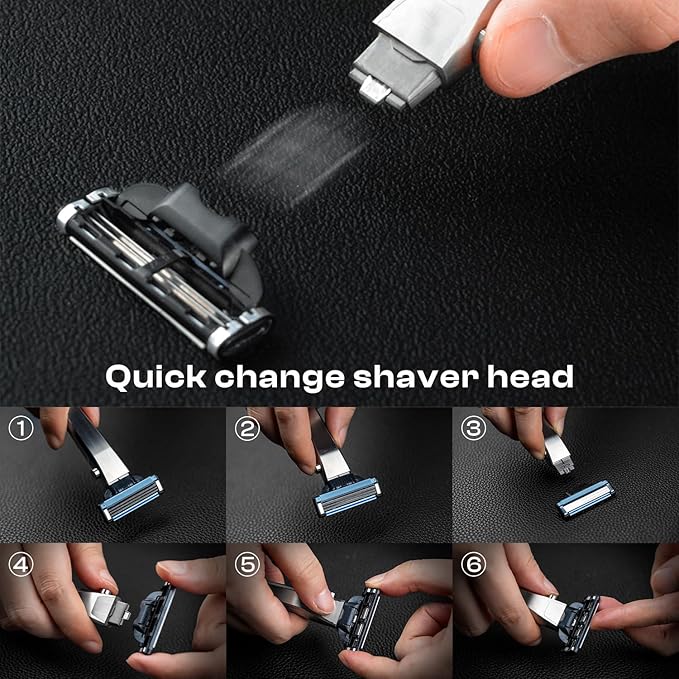 Titanium 3-Layer Razor Handle with Quick Release Button Compatible with Mach3 Blades Rustproof &amp Lightweight Includes Round Stand (Grey)