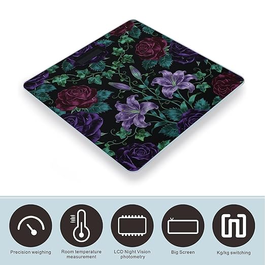 Dark Floral Pattern Weight ScaleClear LED Display Bathroom Digital Weighing ScaleTempered Glass Digital Bathroom Scale for Body Weight Capacity Up to 400 Lbs