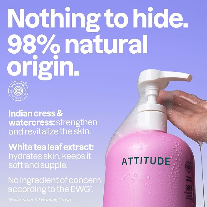 ATTITUDE Body Wash EWG Verified Shower Gel Dermatologically Tested Plant and Mineral-Based Vegan Personal Care Products White Tea Leaves 32 Fl Oz (Pack of 6)