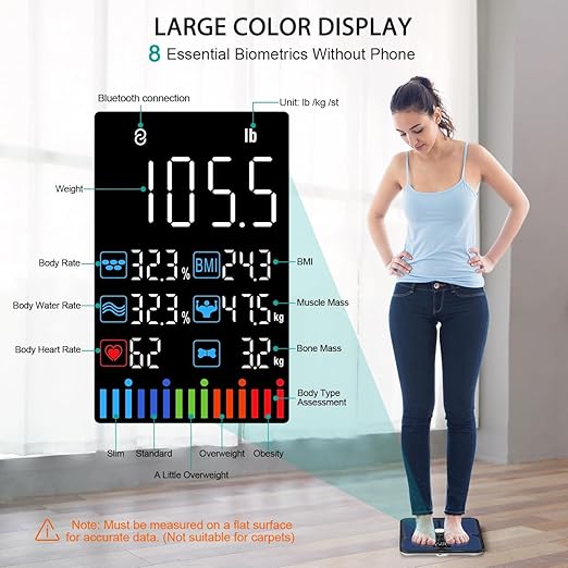 ABLEGRID Body Fat ScaleDigital Smart Bathroom Scale for Body Weight Large Color Display Screen 16 Body Composition Metrics BMI Water Weigh Heart Rate Baby Mode 400lb Rechargeable