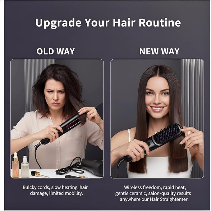 Cordless Hair Straightener Brush with LCD Display Ceramic Rechargeable Hair Straightener for Travel Fast Heating Portable Hair Straightener for Daily Use (Black)