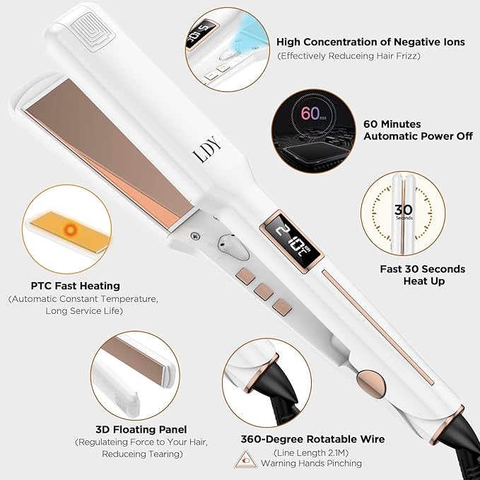 Professional Hair Straighteners Nano Titanium Hair Straightening Flat Iron Lightweight White Adjustable Temperature Settings 160° -230° for All Hair Types
