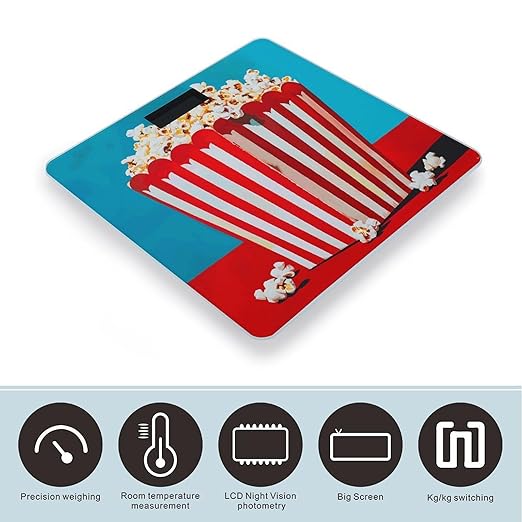 Popcorn Print1 Bathroom Scale for Body Weight Bathroom Weighing Scales with Back Lit LED Display Sturdy Tempered Glass Body Weight Bathroom Scale 400lb Weighing