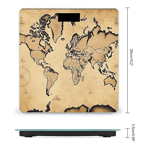 Vintage World Map Scale for Body Weight Anti-Slip Digital Bathroom Scale Sturdy Toughened Glass Weighing Scales High Precision Safe Rounded Corners Smart Scales