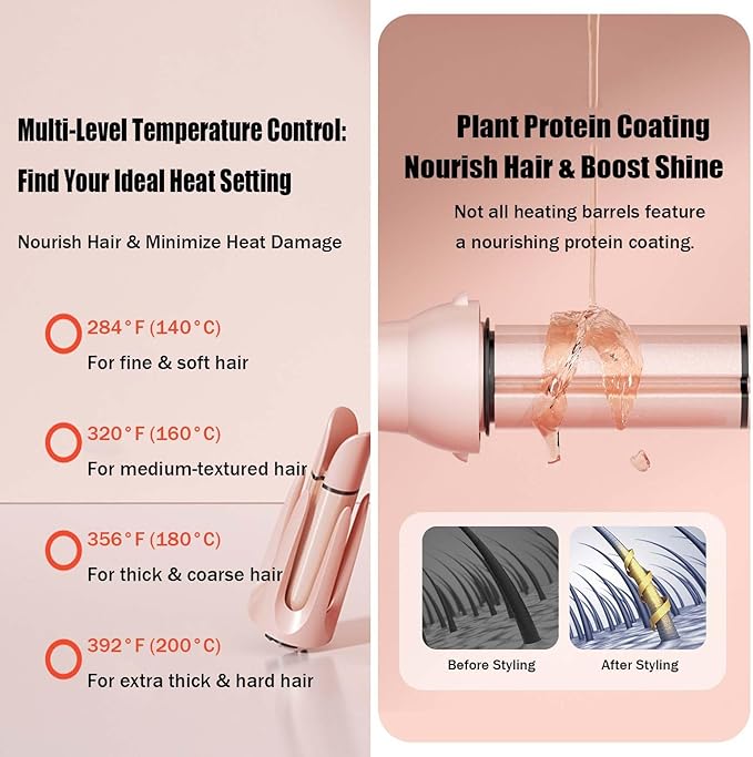 Automatic Curling Iron Hair Curler Salon Styling 4 Const Temp30s Fast Heating2-Way RotationAnti-ScaldAnti-Tangle30Min Auto Shut-OffPlant Protein Coating for Shiny All Hair Types (Gold)