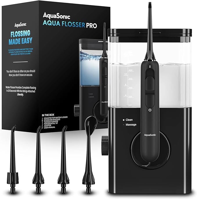 AquaSonic Aqua Flosser PRO | Professional Water Flosser with Large Capacity Reservoir | Oral Irrigator w/ 2 Modes 10 Levels of Water Pressure 4 Included Tips | Sleek &amp Compact