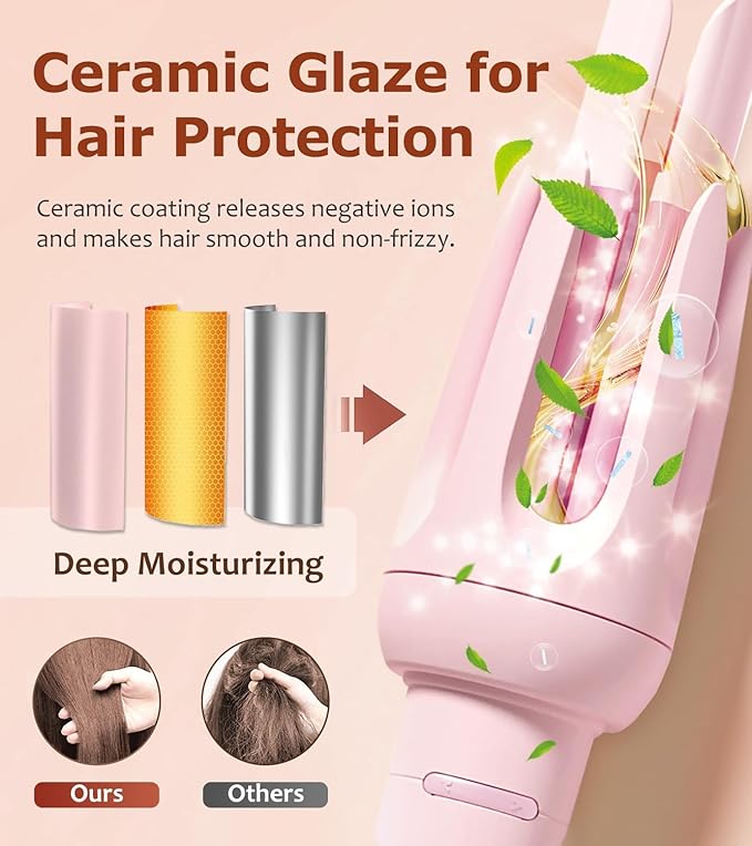 Auto Hair Curler Automatic Curling Iron with 4 Temperature &amp 3 Timer Automatic Shut-Off Anti-Scald Anti-Tangle Rotating Curling Wand for Hair Styling Pink