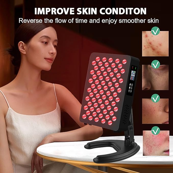 Red Light Therapy Panel for Face and Body 630/660/810/850nm 4 Wavelengths Red Near Infrared Light Device with 70 Dual Chip LEDs Timer and Stand for Improve Sleep Skin Wellness (Black 350W)