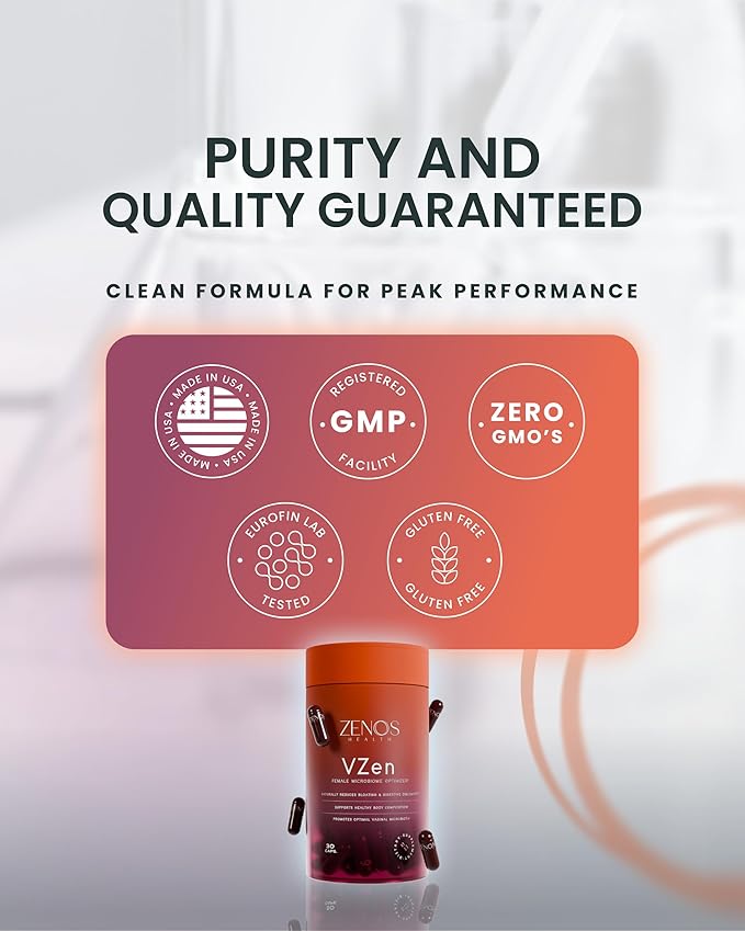 Zenos Health VZen Vaginal Probiotics for Women – Probiotics and Prebiotics for Digestive Health &amp Bloating Relief for Women – Improve Gut Health Urinary Tract &amp Daily Wellness - Made in USA