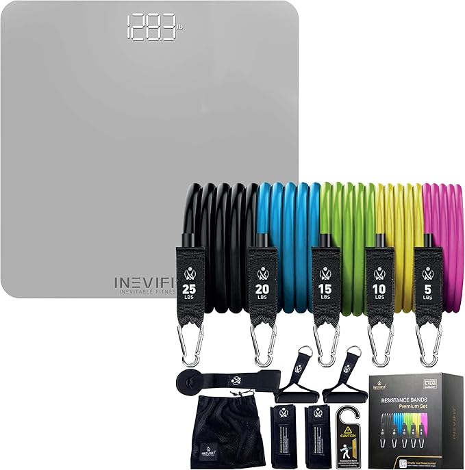 INEVIFIT Strength &amp Wellness Bundle Premium Bathroom Scale &amp 150 LBS Resistance Band Set for Home Workouts