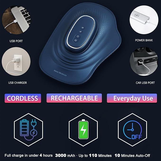 Portable Hand and Wrist Massager with Heat and Compression 3 Modes 3 Intensities and 3 Temps (100°F–116°F) Palm &amp Finger Massage Rechargeable Home Office Travel (Blue)