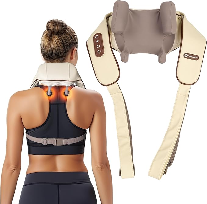 FIRSTHEALTH Neck and Shoulder Massager with Heat Deep Tissue Shiatsu Back Massager USB-C Rechargeable Kneading Massage for Pain Relief Gifts for Men Women
