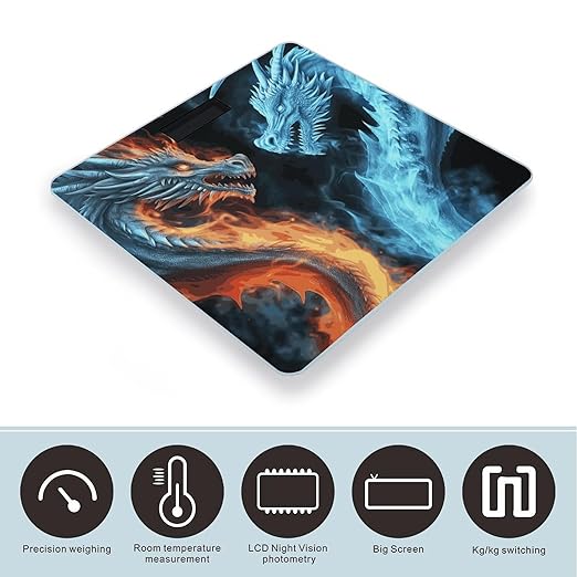 Ice and Fire Dragons Bathroom Scale Automatic Power On/Off Body Scales LCD Backlight Display Square Digital Scale Rounded Corners Bathroom Scales for Home Bedrooms
