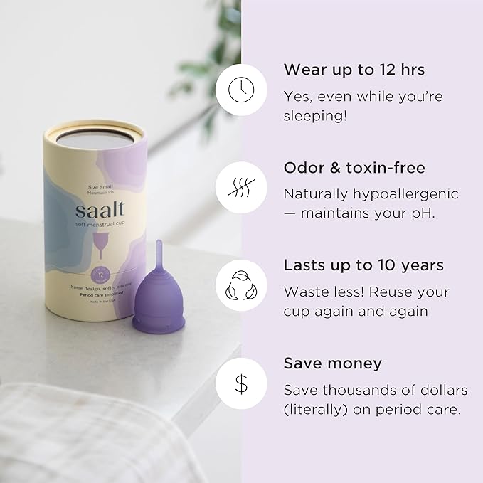 Saalt Soft Menstrual Cup – Reusable Period Cup – Made for Comfortable Leak-Free Protection Up to 12 Hours – BPA &amp Latex Free – Includes Cup &amp Carry Bag (Regular Mountain Iris)