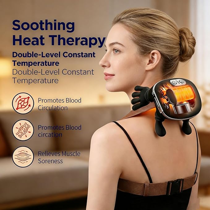 4D Neck Massager with Heat Human-Like Shiatsu Electric Shoulder and Back Massager Wireless Portable for Cervical Pain Relief Rechargeable for Home Office Travel