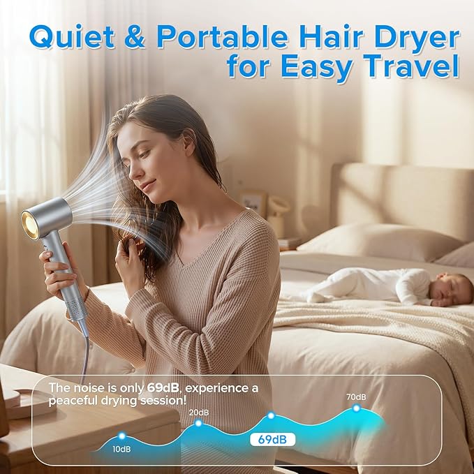 Hair Dryer 150000 RPM Brushless Motor Ultra-Fast Drying with 3 Heat Settings &amp LED Lights High-Speed Ionic Blow Dryer Low Noise Lightweight with Diffuser &amp Nozzle for Home Salon Travel