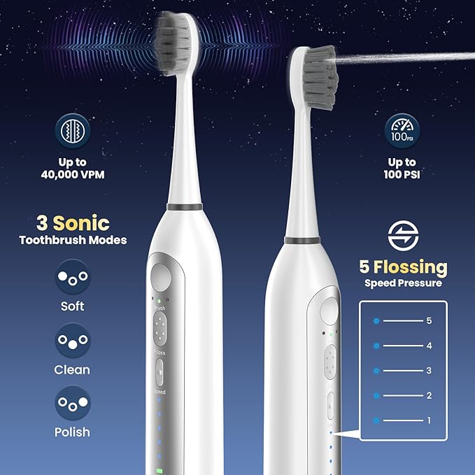 Electric Toothbrush with Water Flosser 3 Sonic Toothbrush Modes &amp 5 Water Pressures Rechargeable &amp Portable for Adult Teeth Cleaning and Plaque Removal IPX7 Waterproof 30-Day Battery