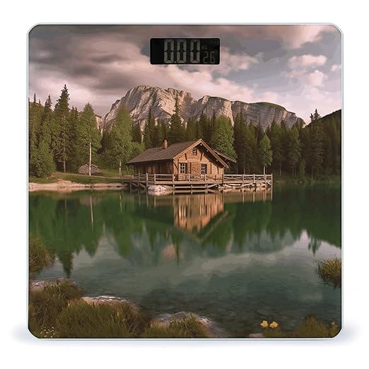 Lake and Wood Cottage Digital Bathroom Scale for Body Weight Weighing Scale with Backlit LCD Display High Precision Measurements &amp Measures Weight Up to 180kg