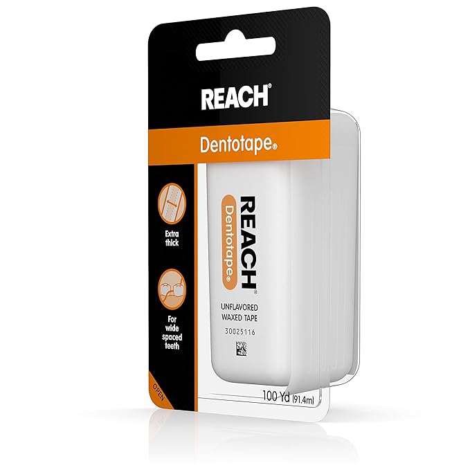 Reach Dentotape Waxed Dental Floss with Extra Wide Cleaning Surface for Large Spaces between Teeth Unflavored 100 Yards (Pack of 5)