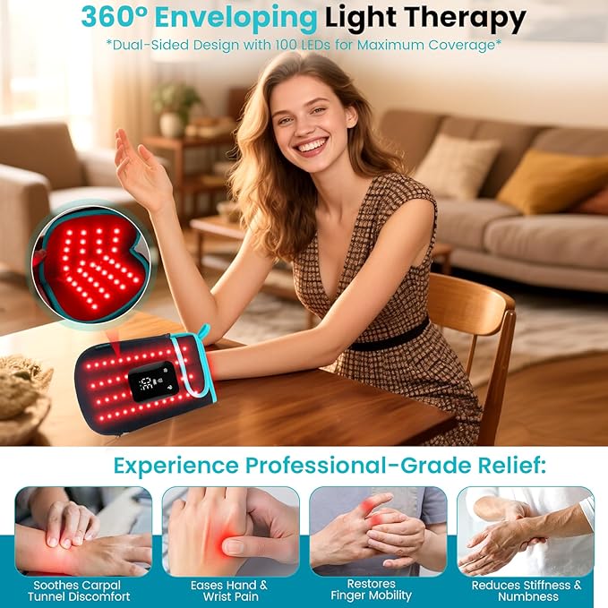Red Light Therapy Gloves for Hands 100LEDs Red &amp Near-Infrared Dual Wavelength 660nm &amp 850nm 5 Modes Wireless Rechargeable 5000mAh Battery for Hand &amp Wrist Treatment