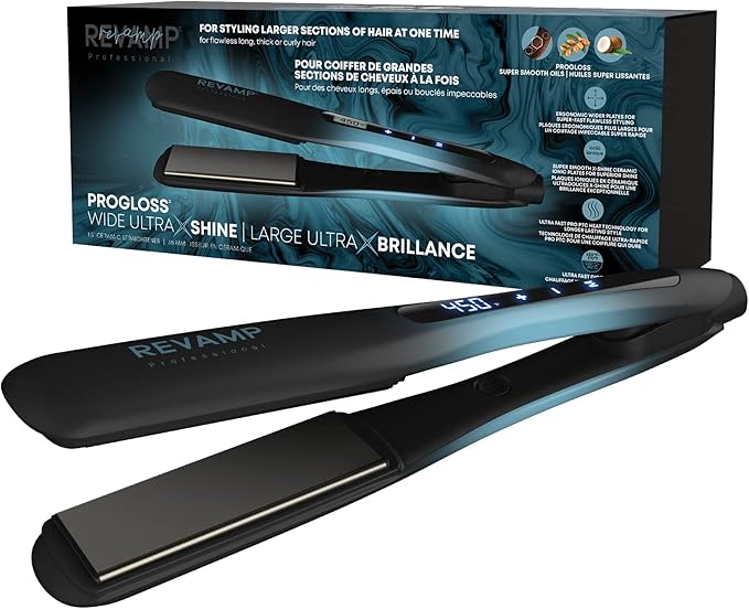 Revamp Progloss Wide Ultra X Shine 1.5-Inch Flat Iron Hair Straightener – Ceramic Hair Straightener with Keratin Argan &amp Coconut Oil Infused Ceramic &amp Ionic Plates Ideal for Long Thick Cur