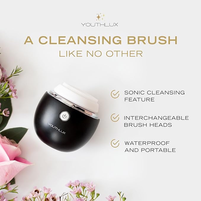 Pure Radiance Vibrating Facial Cleansing Brush Electric 3 Modes 3 Brush Heads (2 Bristle1 Silicone) Waterproof Rechargeable Smart Timer Exfoliating Massage (Black)