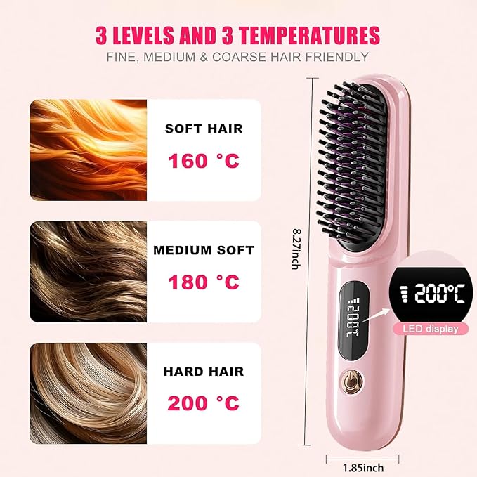 Cordless Hair Straightener Brush -Portable Mini Hair Straightener Comb Dual Voltage Travel Straightening Brush with 3 Temp-Settings Ultra-Lightweight &amp Travel-Ready Pink
