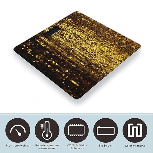 Gold Sequin Sparkle Scale for Body Weight Anti-Slip Tempered Glass Digital Bathroom Scales Clear LCD Display Weighing Scale Safe Rounded Corners Smart Scales