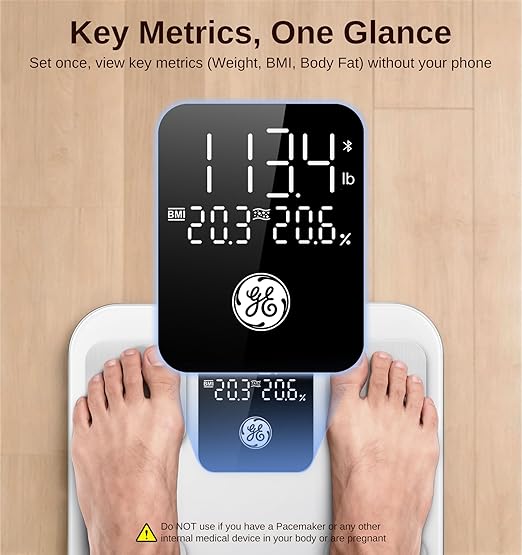 GE Smart Scale for Body Weight: Body Fat BMI Digital Bathroom Scale - 14 Body Composition Analyzer Health Monitor Highly Accurate Bluetooth Weighing Scale with App 400 lb 11 Inch