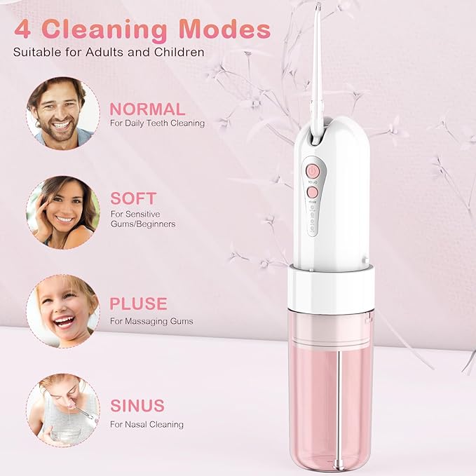 Water Dental Flosser for Teeth Cleaning and Flossing with Travel Size Case – Rechargeable Oral Irrigator KOOVON Portable Water Flosser for Adults IPX7 Waterproof 5 Jet Tips &amp 4 Modes Pink
