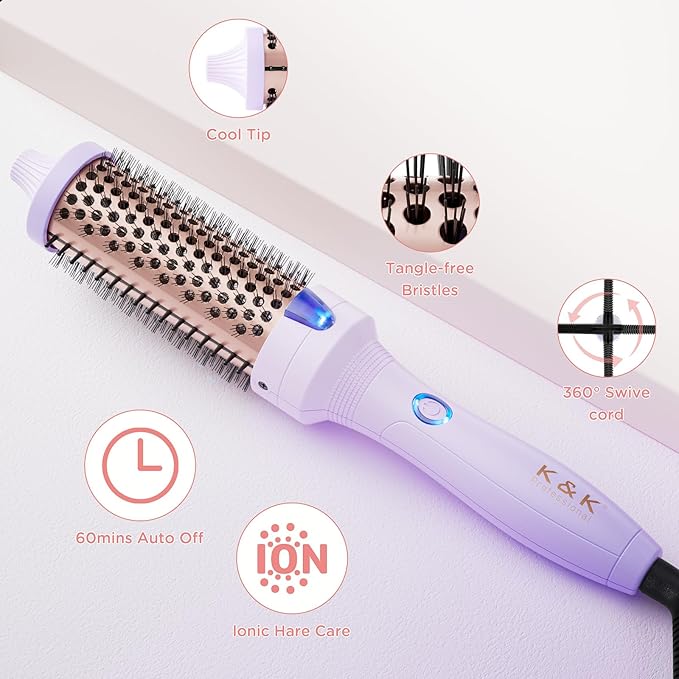 K&ampK 1.5 inch Volumizing Brush Heated Curling Ceramic Tourmaline Ionic Curling Iron Quick Heating Makes Hair Silky Smooth Dual Voltage Travel-Friendly Straightening Round Design (Purple 1.5 Inch)