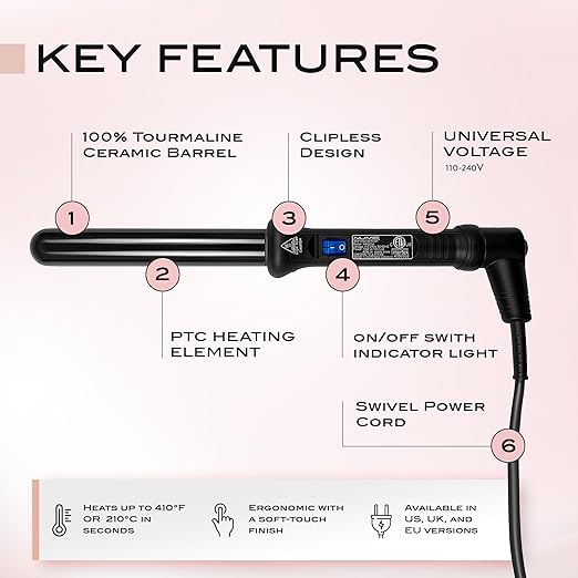 NuMe Classic Ceramic Curling Wand - Tourmaline 25mm Barrel Hair Curler Negative Ion Conditioning Far Infrared Heat - All Hair Types