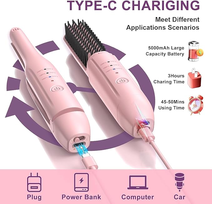 2 Pack Hair Straightener Brush and Curling Iron CordlessTravel Curling Iron Set Negative Ion Thermal Brush Hot Comb Fast Heating Type-C Rechargeable